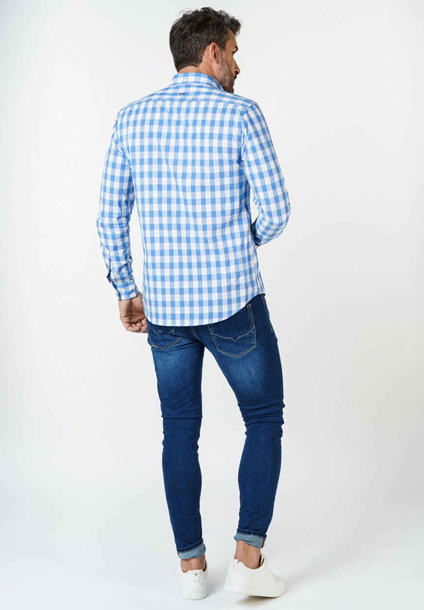 Camisa HUMMER de cuadros blancos y azules, Manga larga.